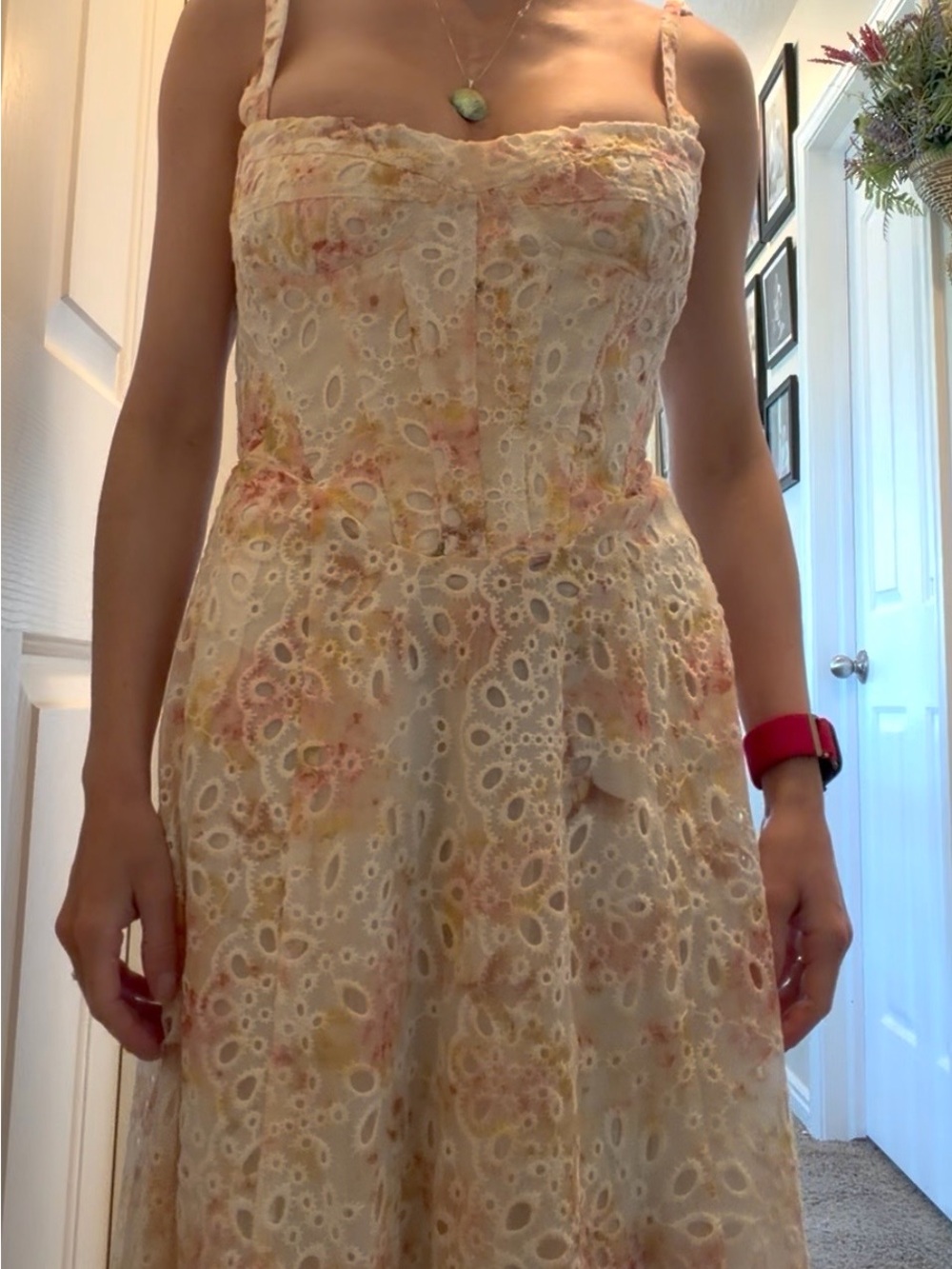 NWT XS Bardot Eyelet Floral Midi Dress in Cream with Pink & Yellow Accents